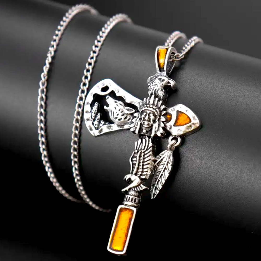 New Silver & enamel tomahawk lone wolf 23” necklace cool western Native totem 🔥